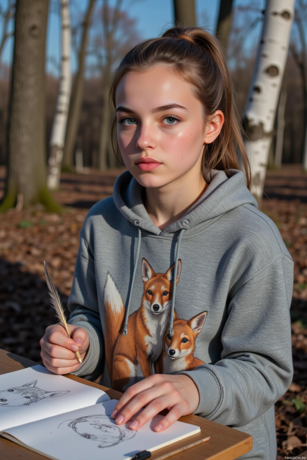 A young person wearing a hoodie with a fox design, holding a feather quill, and sketching outdoors.