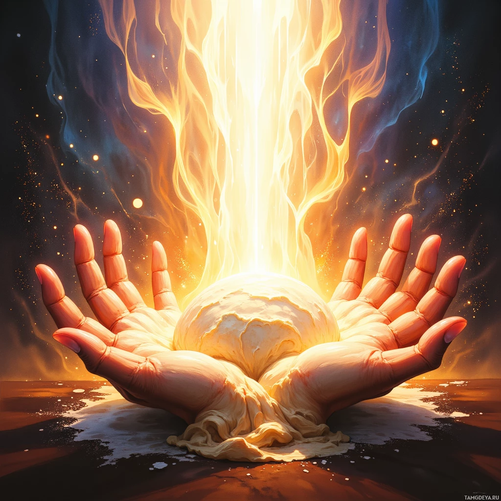 Two hands cup a glowing orb amidst swirling flames and cosmic particles.