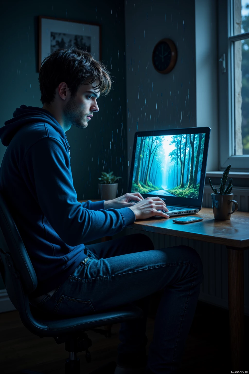 A person sits at a desk, typing on a laptop with a forest image displayed on the screen.