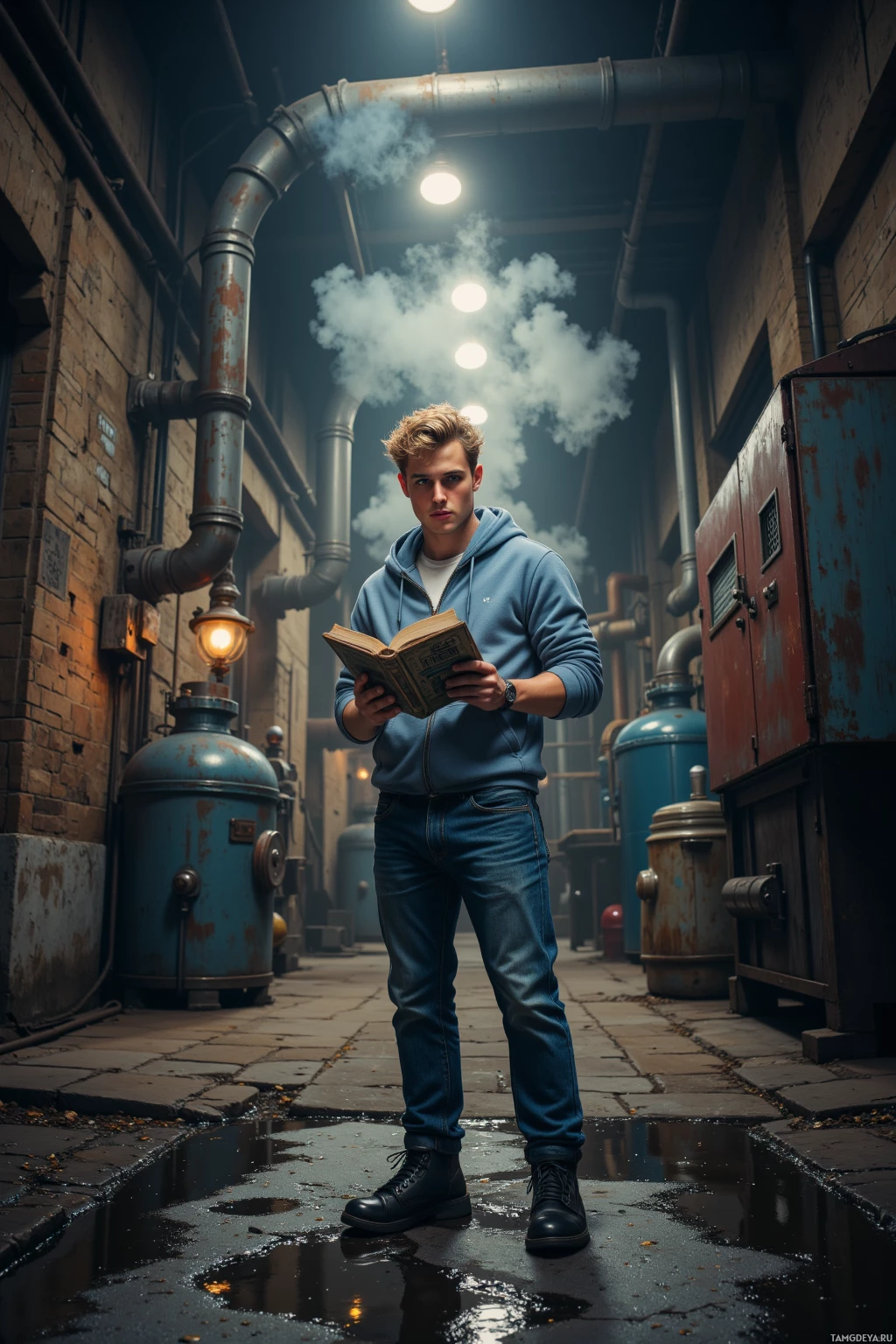 A person stands in an industrial alleyway holding a book while steam rises from pipes above.