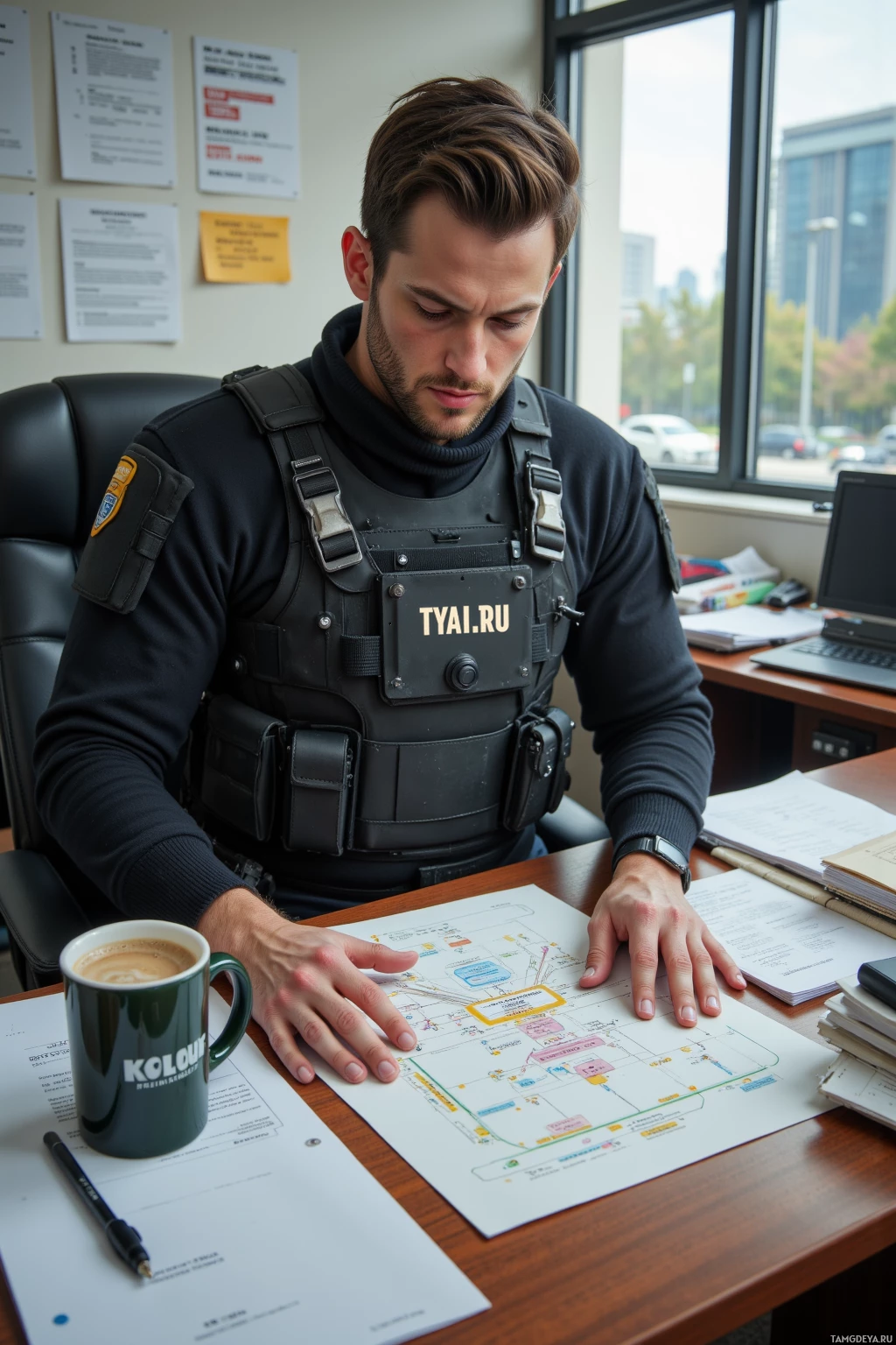 A person in tactical gear examines a map at an office desk with a coffee mug and documents nearby.