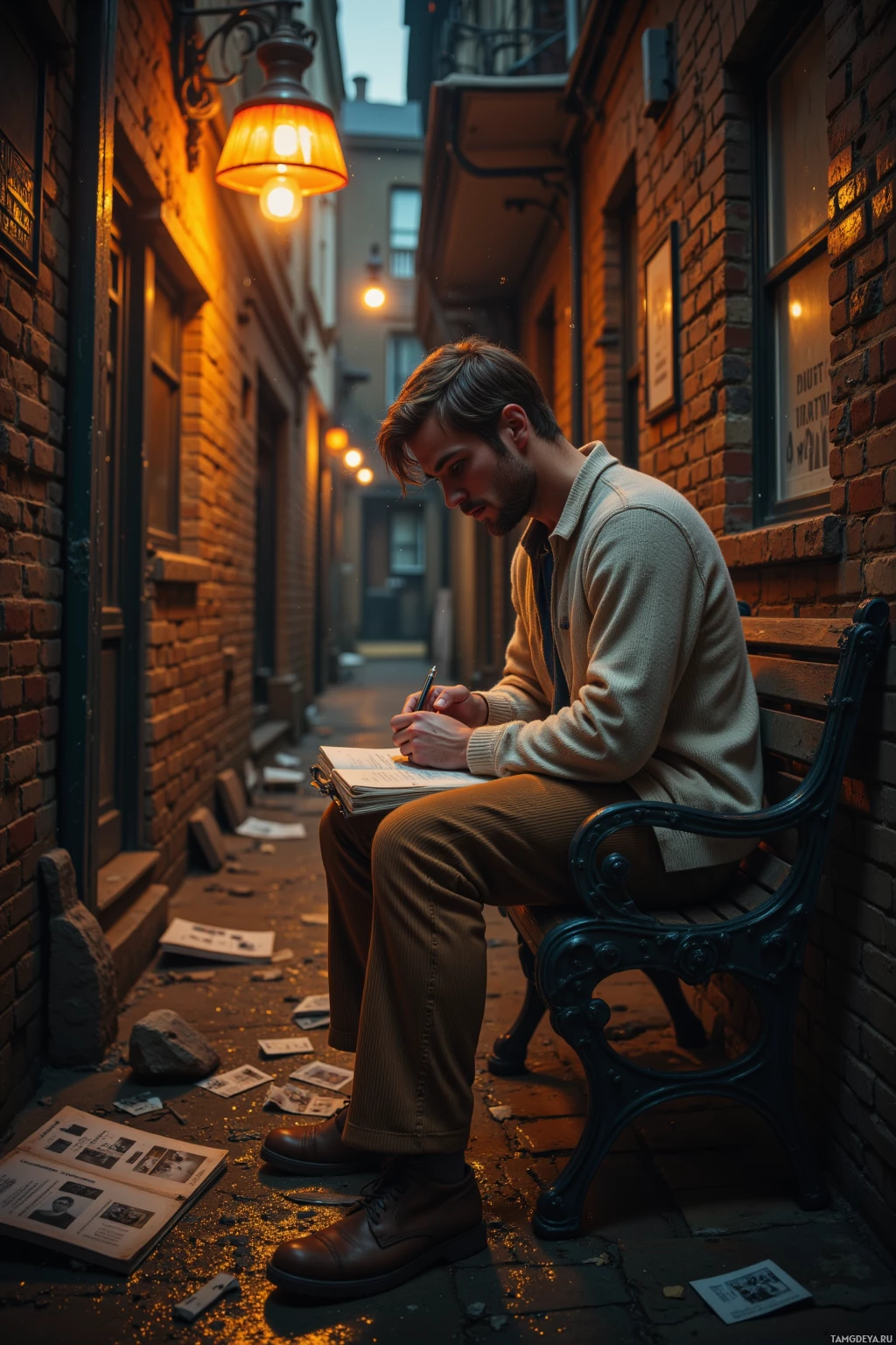 A person sits on a bench in an alleyway, writing in a notebook under streetlights.