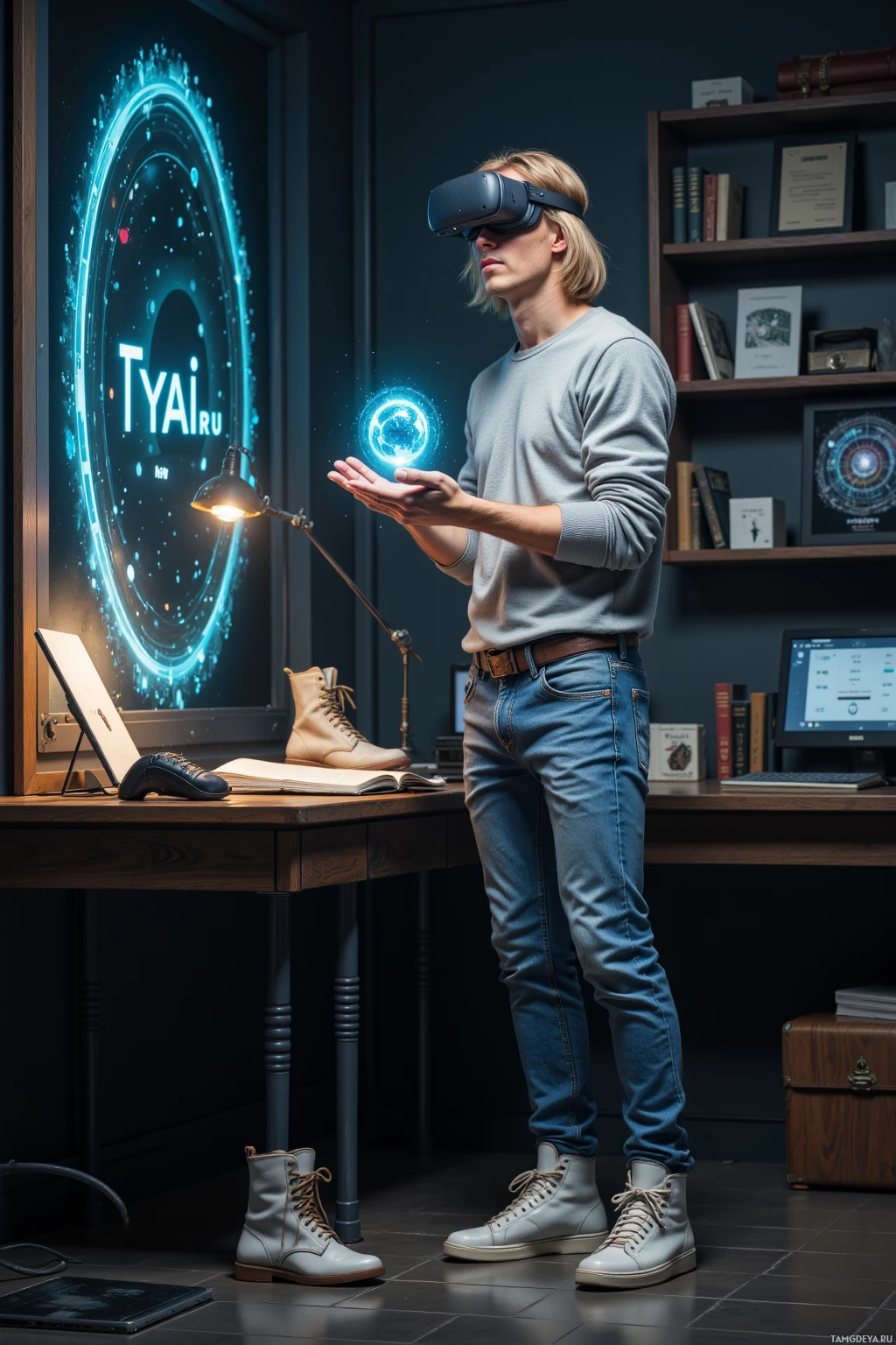 A person wearing VR goggles stands in front of a glowing display with "TYAI.ru" on it, holding out their hand towards a floating holographic globe.