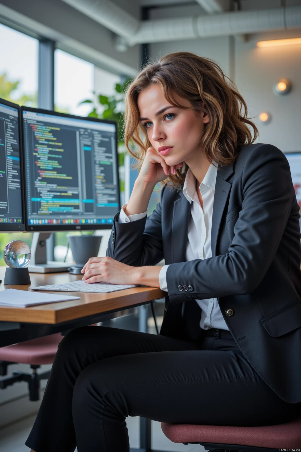 A woman in a professional setting is seated at a desk with dual computer monitors displaying code.