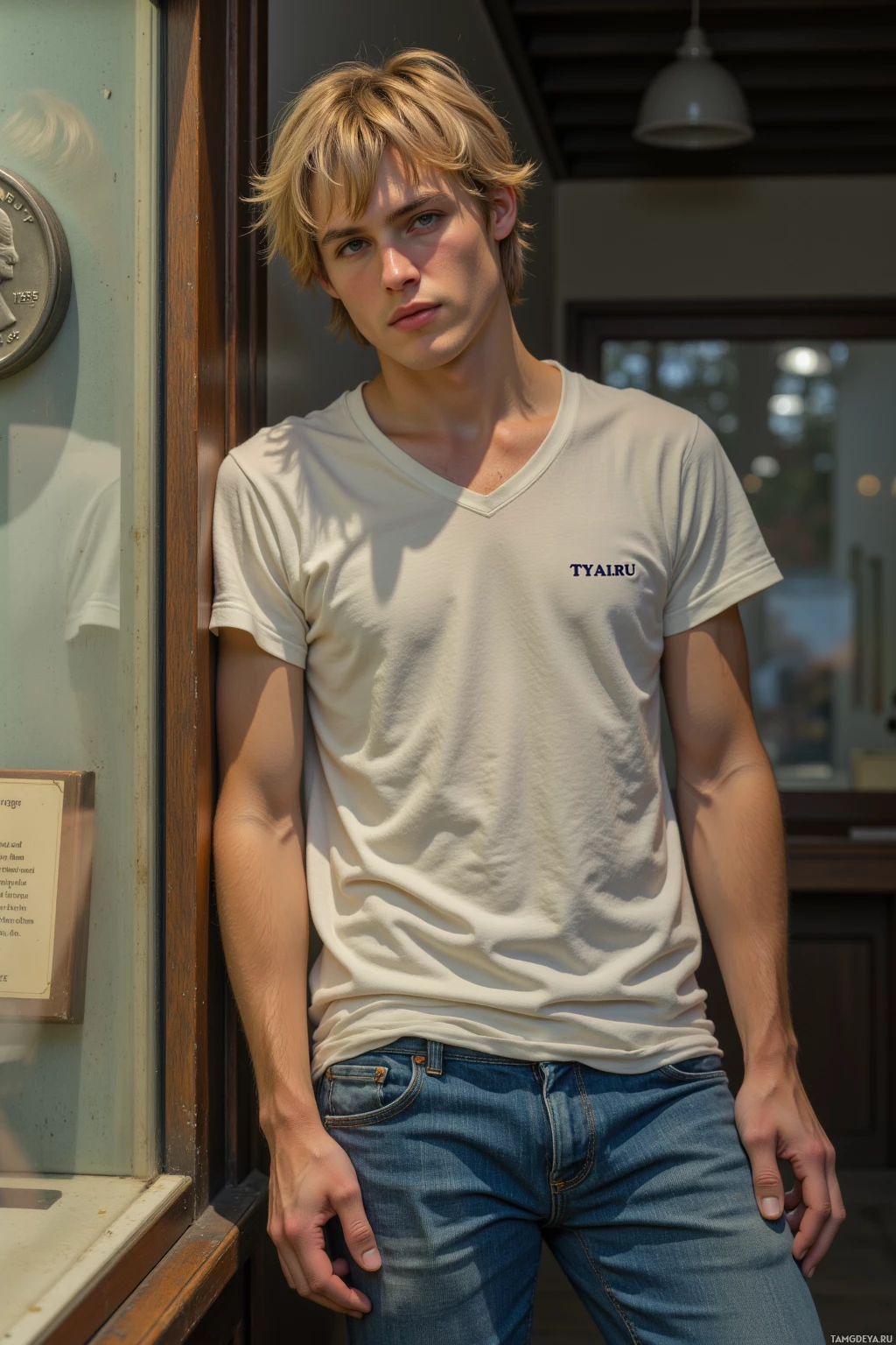 A person wearing a white V-neck t-shirt and jeans stands against a wooden door.