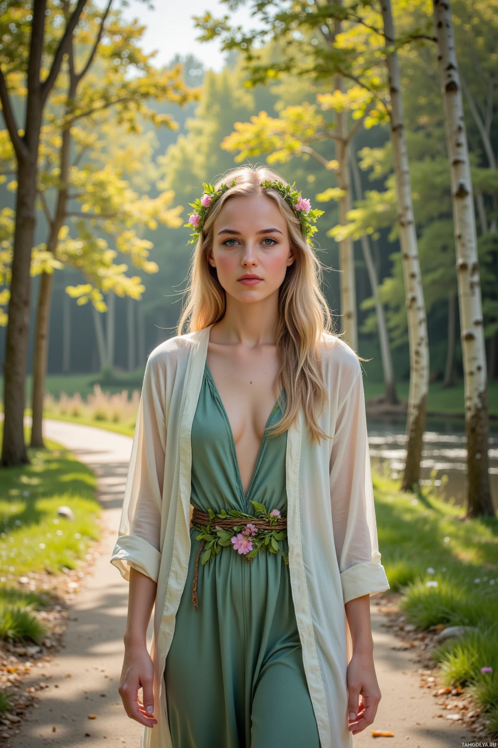 A woman stands in a forested area wearing a green dress with a floral belt and an off-white kimono, adorned with a flower crown.