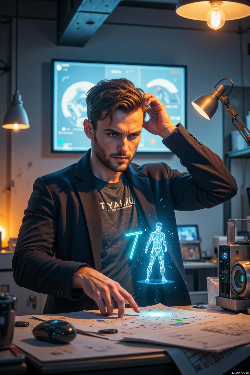 A person in a lab setting with glowing holographic elements on their shirt and desk.
