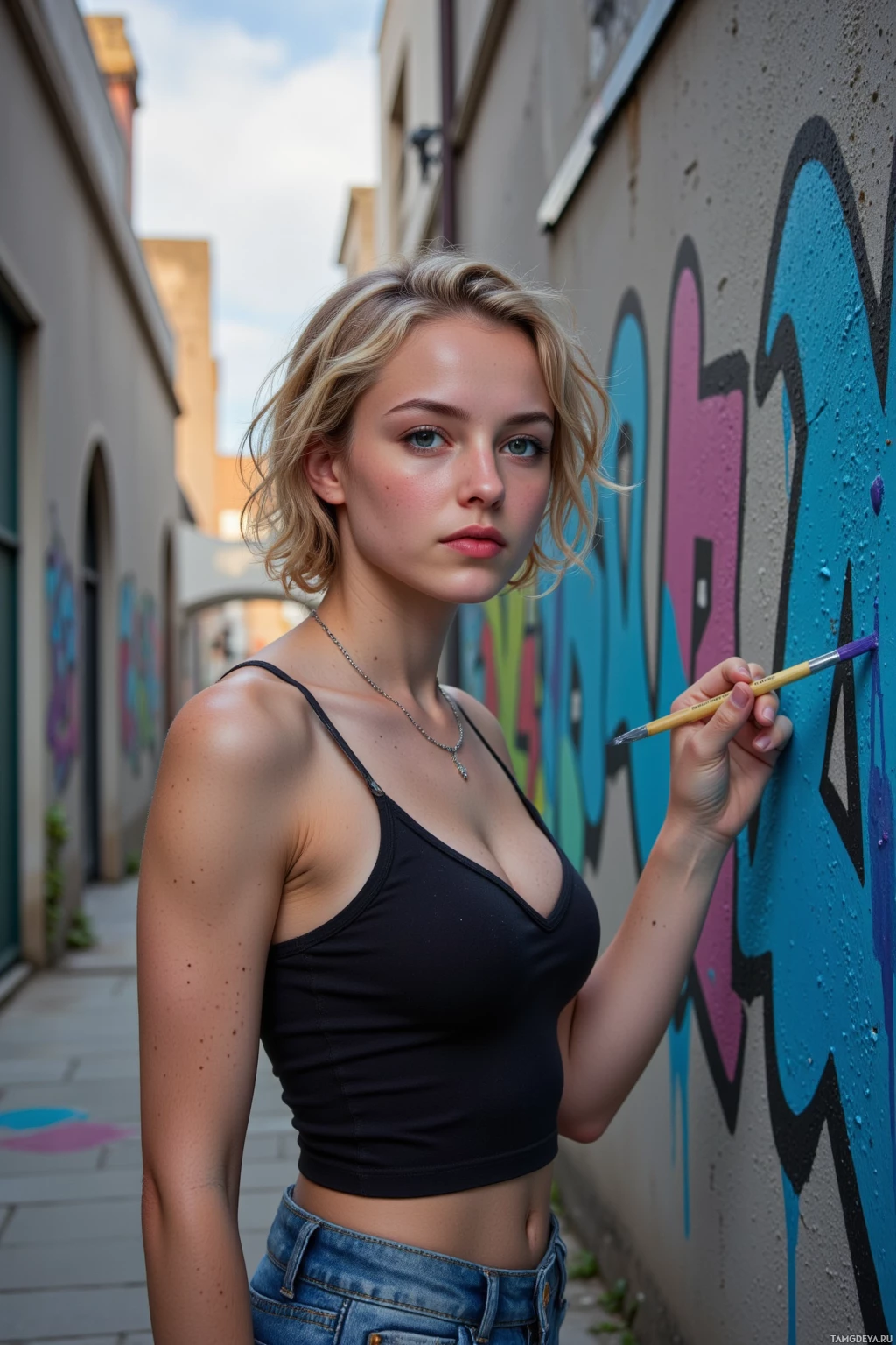 A person in a black crop top and jeans is painting graffiti on a wall.
