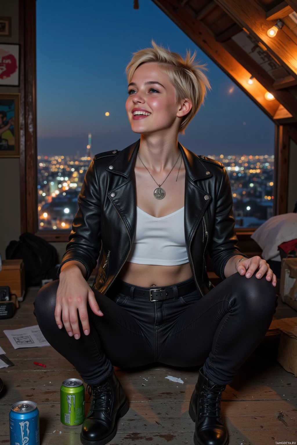 A person in a black leather jacket and pants sits on a wooden floor with cans nearby, against a backdrop of city lights at dusk.
