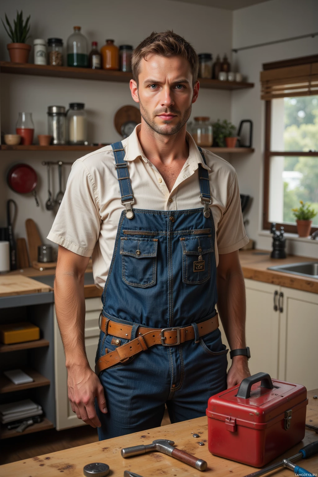 A man in a beige shirt and blue overalls stands in a kitchen with a red toolbox and tools on the counter.