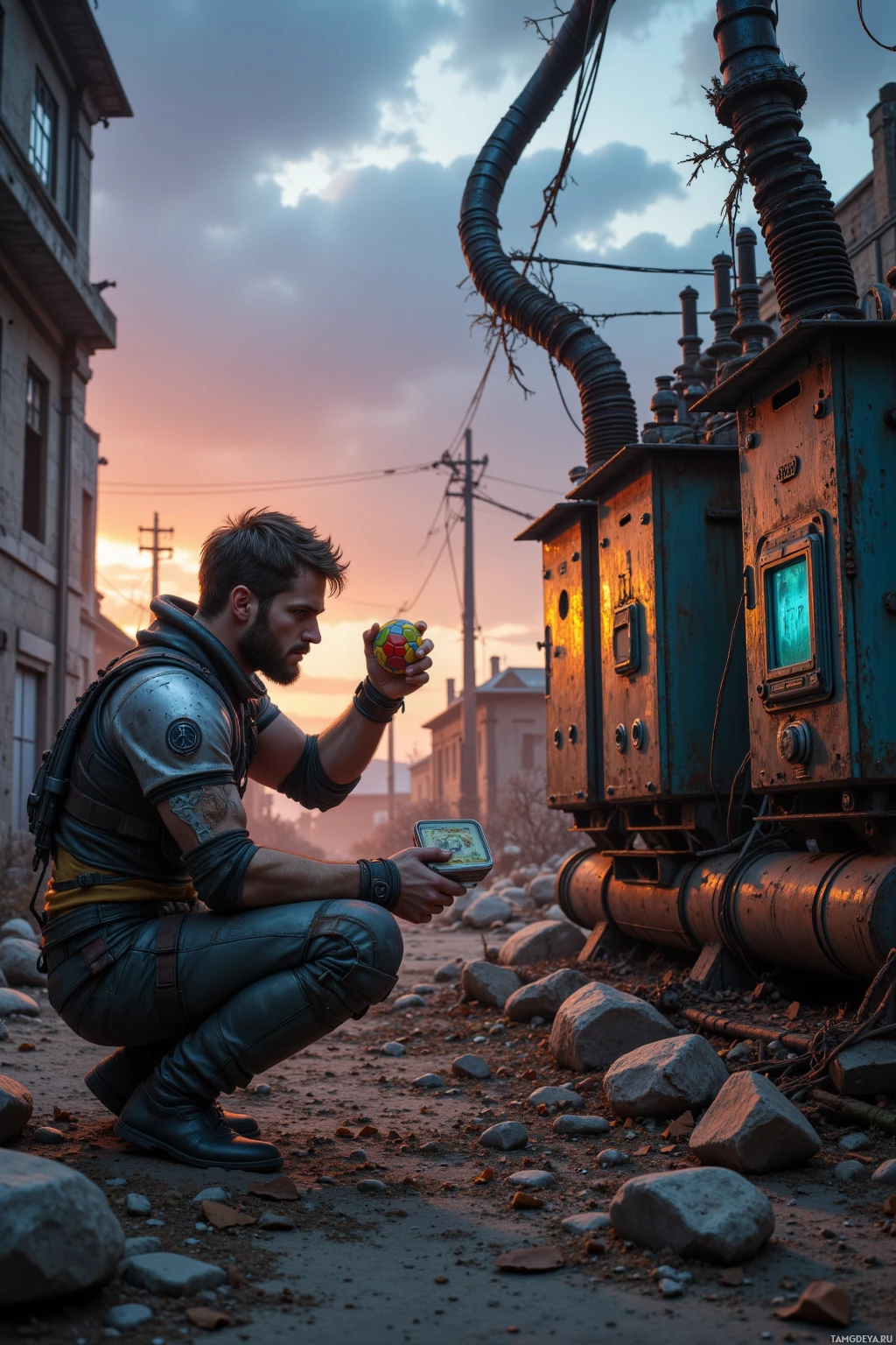 A person in rugged attire crouches near an old electrical box and control panel, holding a small object while examining another item in their hand against a backdrop of a sunset sky.