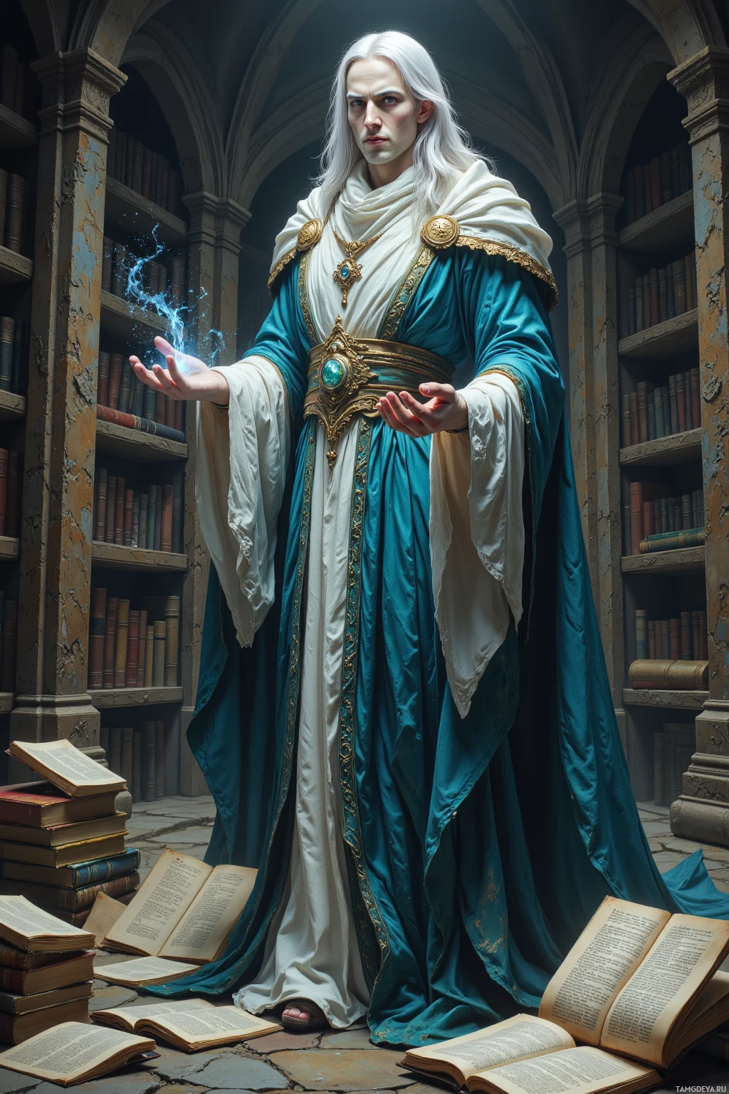 A figure in ornate robes stands amidst an ancient library with books and magical energy emanating from their hands.