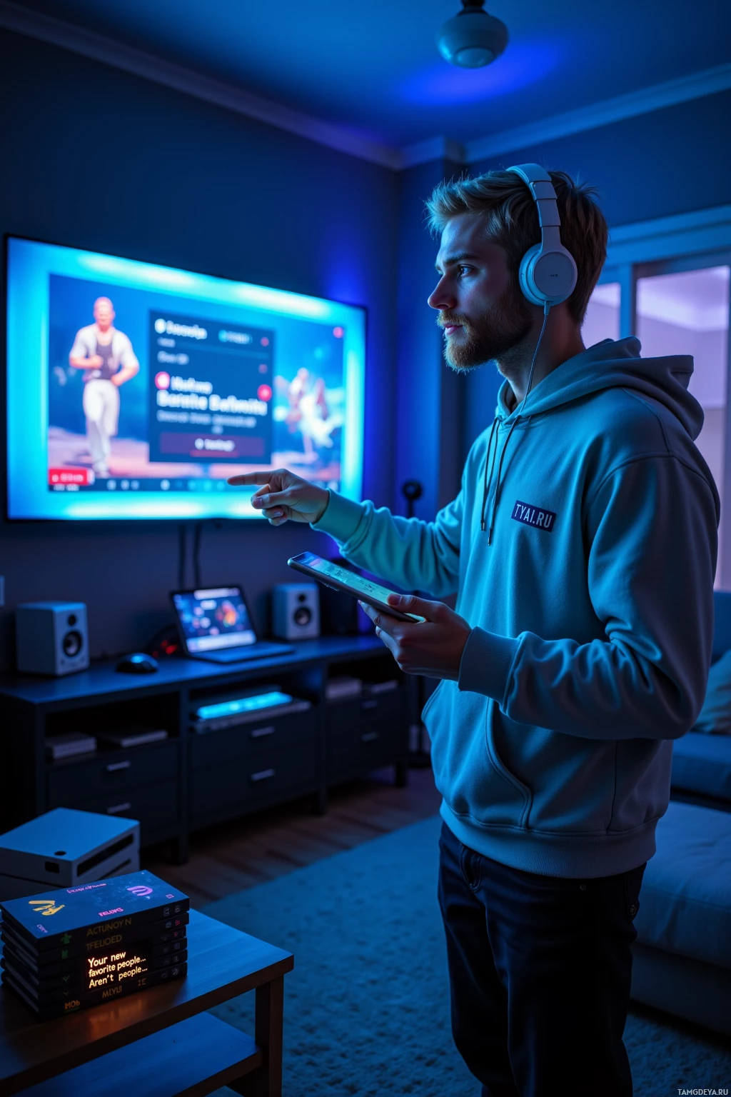 A person wearing headphones and holding a tablet points at a TV screen displaying a video game in a dimly lit room with blue ambient lighting.