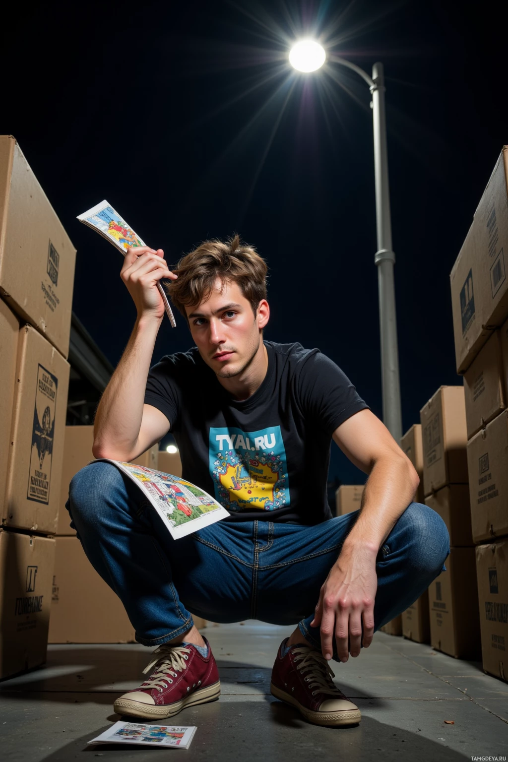 A person crouches in front of stacked boxes, holding a comic book.