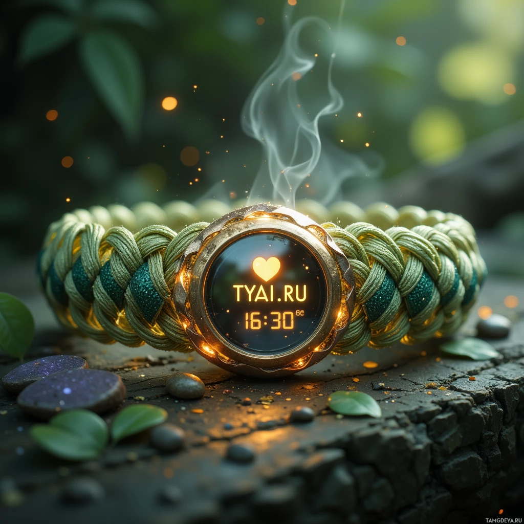 A wristwatch with a glowing display and smoke effect is placed on a natural surface with greenery and stones.