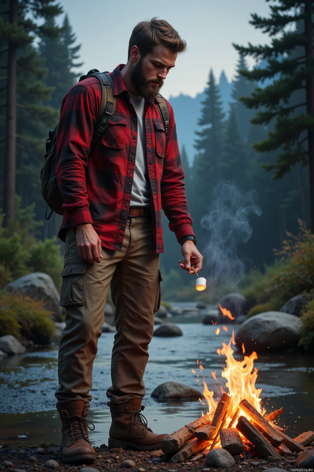 A man in a plaid shirt and hiking boots stands by a campfire near a river, roasting a marshmallow.