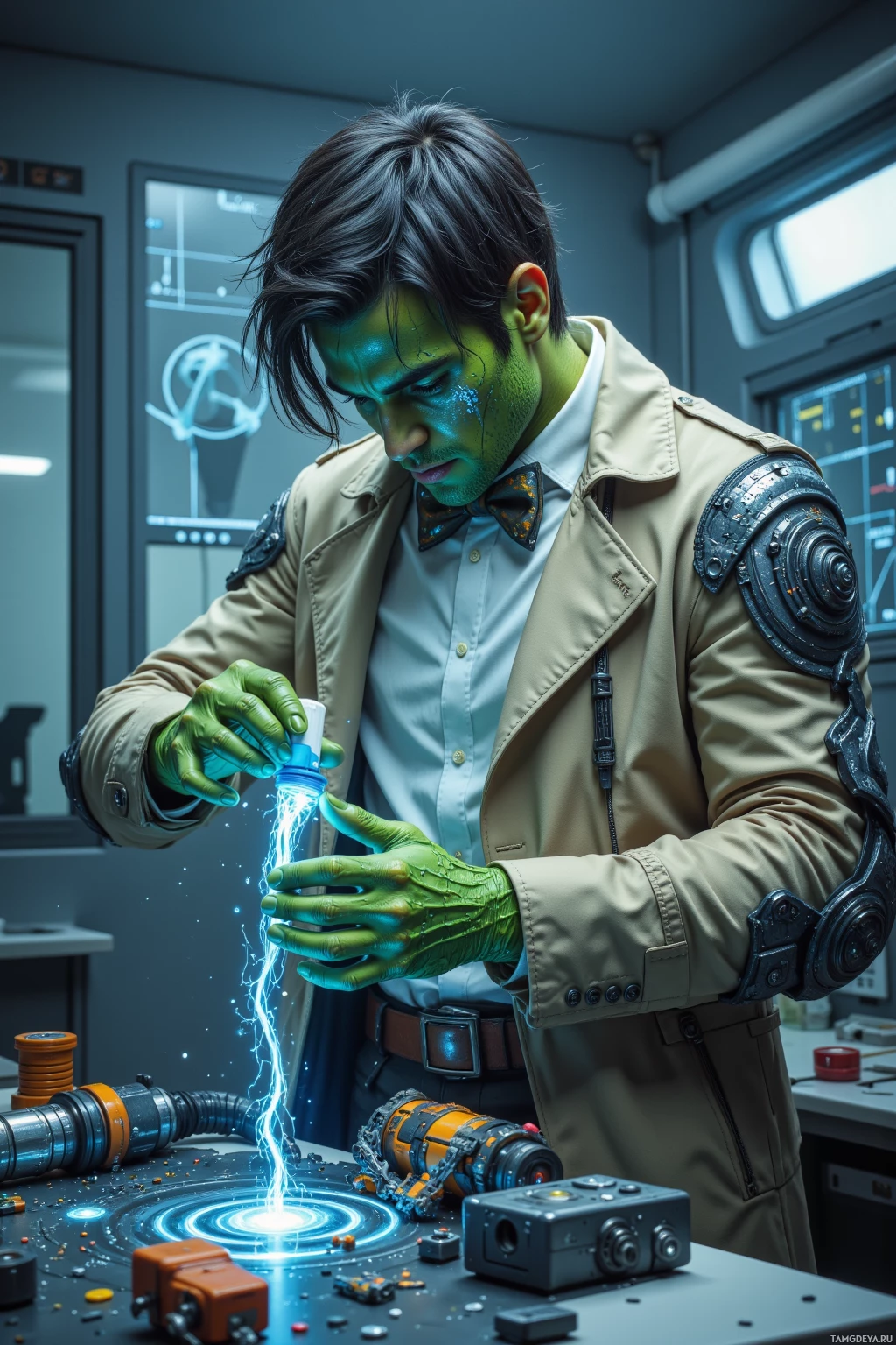 A person in a lab coat and bow tie is holding a glowing object, with a futuristic setup and glowing effects around them.