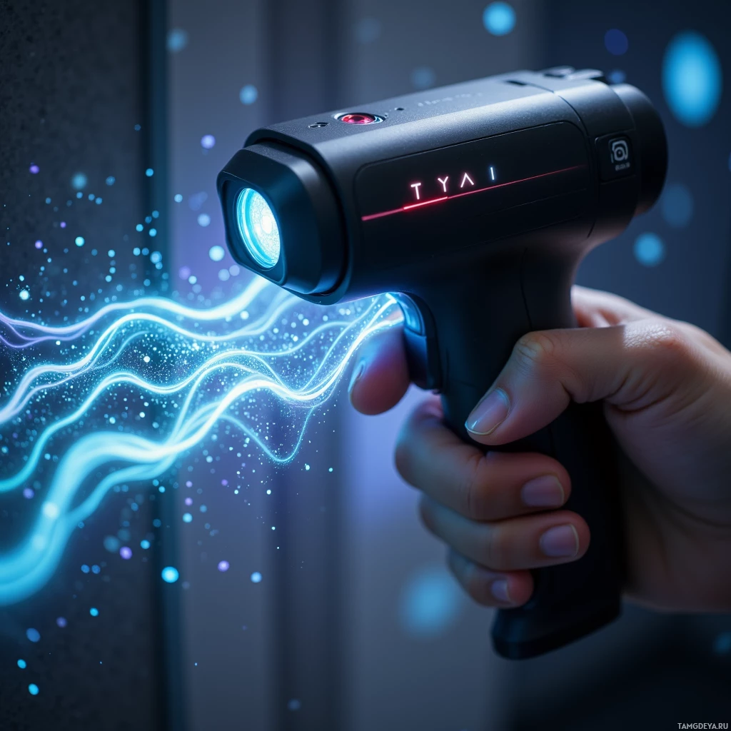 A hand holds a futuristic device emitting blue light and energy waves.