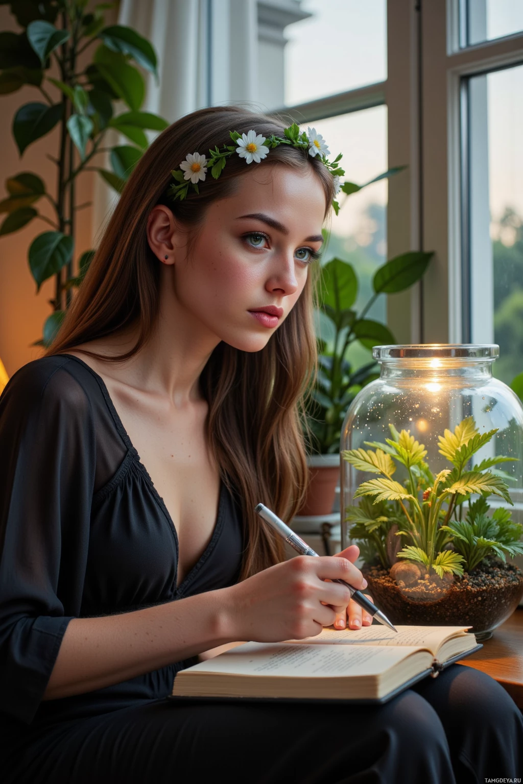 A person wearing a flower crown sits by a window, writing in a book with a pen while a terrarium is visible nearby.
