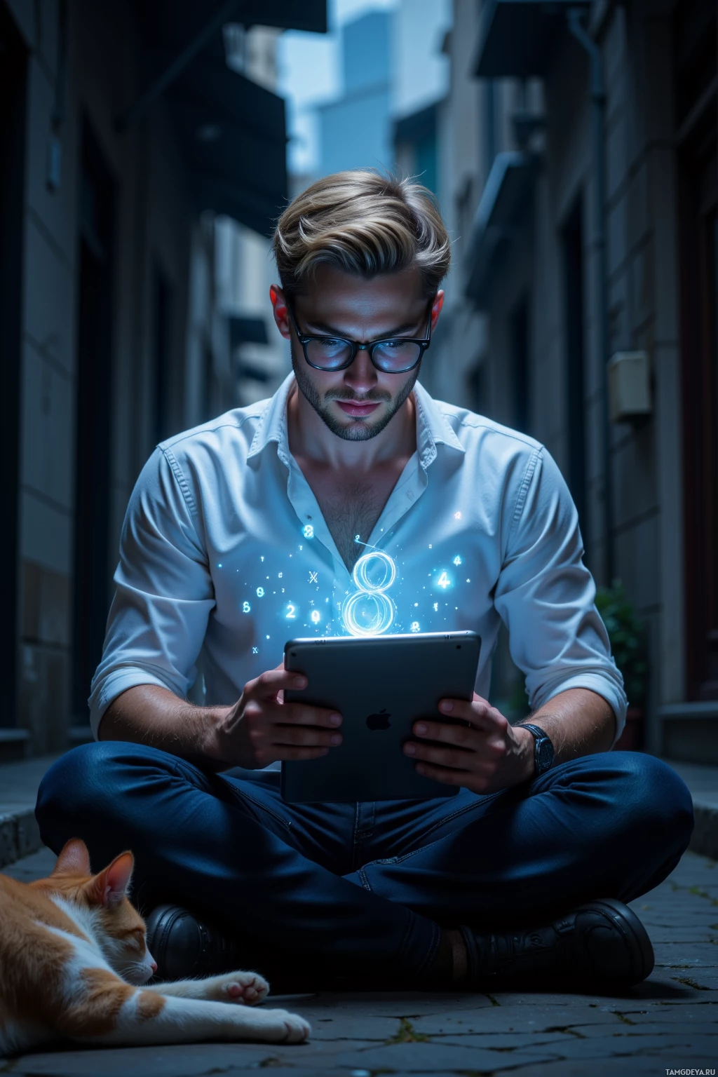 A man sits cross-legged on a cobblestone street, using a tablet with glowing numbers and symbols floating above it, while a cat rests beside him.