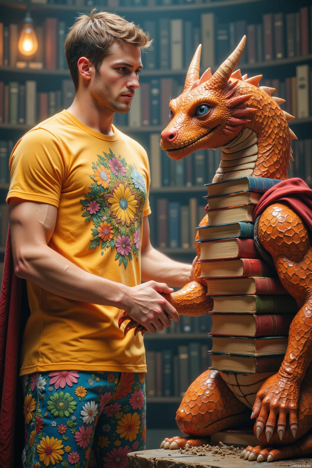 A person in a floral outfit interacts with a dragon holding a stack of books in a library setting.