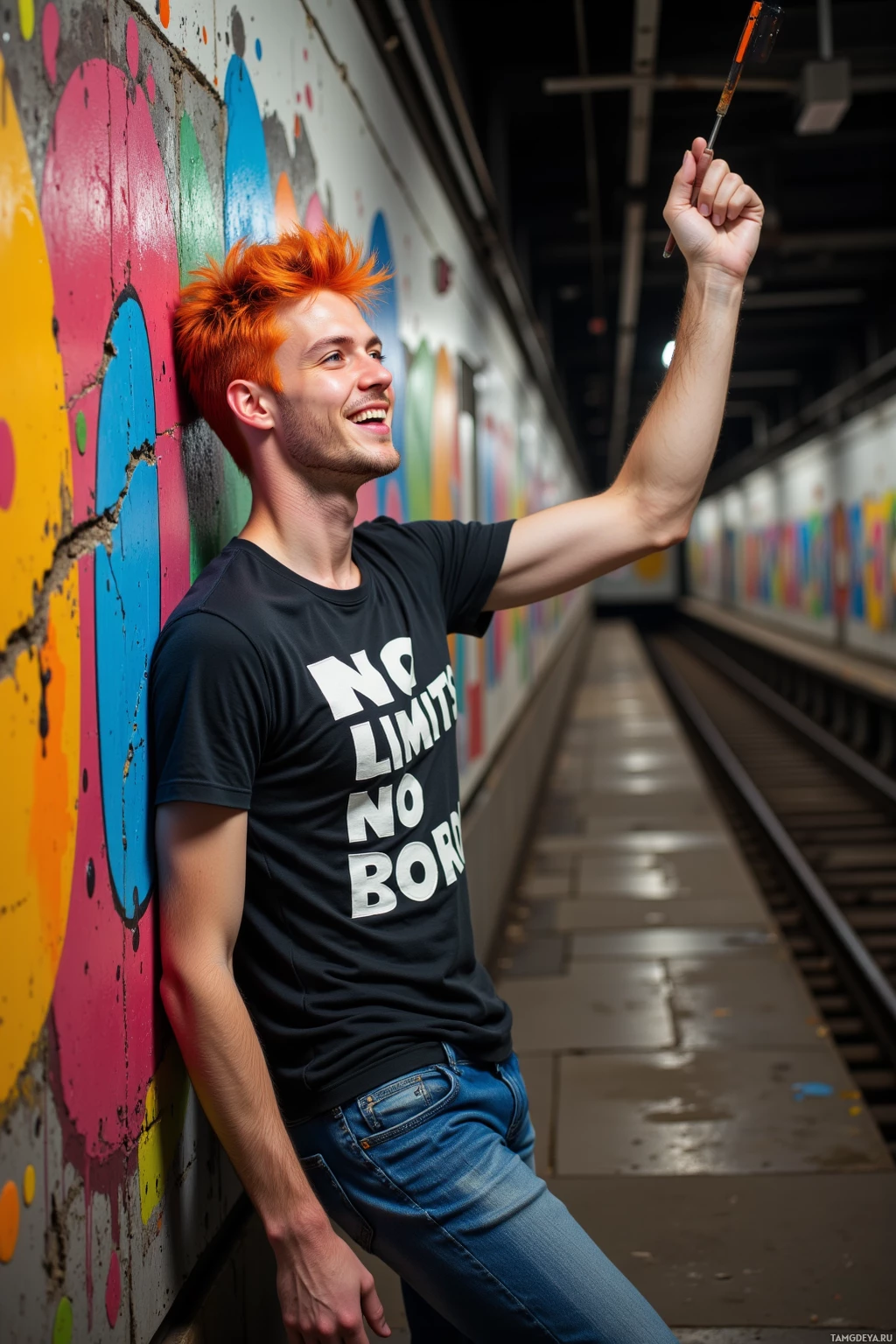 A person with bright orange hair leans against a colorful graffiti wall, holding a paintbrush, wearing a black t-shirt with the text "NO LIMITS NO BORDERS.