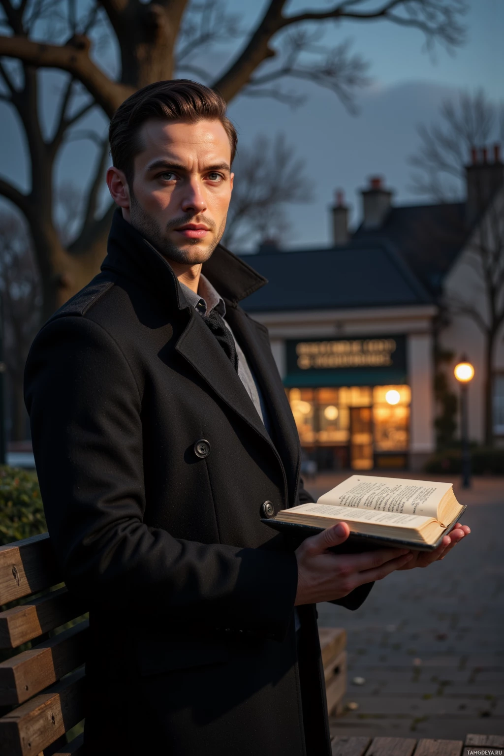 A man in a black coat holds an open book while standing outdoors near a building.
