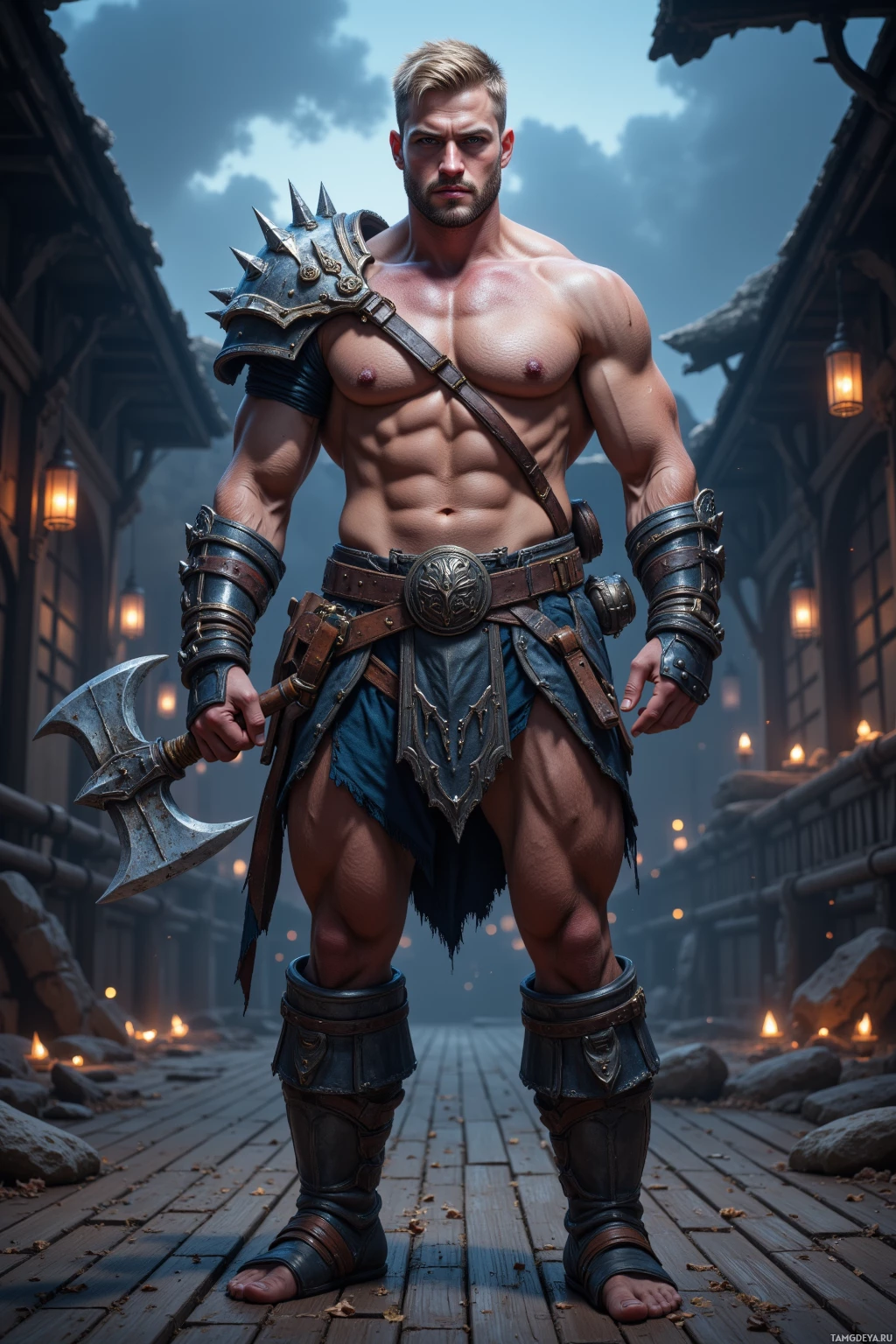 A muscular warrior in armor holds an axe and stands on a cobblestone path with lanterns illuminating the scene.