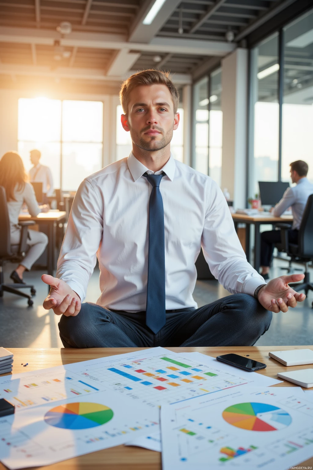 A man in a white shirt and tie sits cross-legged on a desk in an office, surrounded by business documents and a smartphone.
