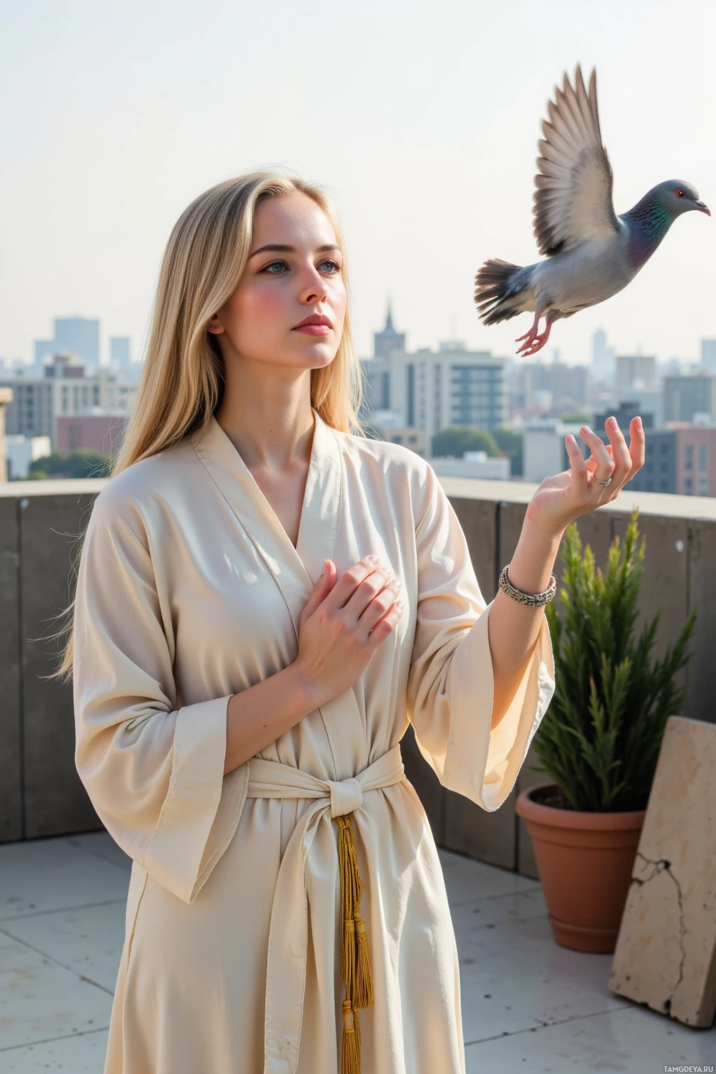 A person in a beige robe stands on a rooftop with a pigeon flying nearby.
