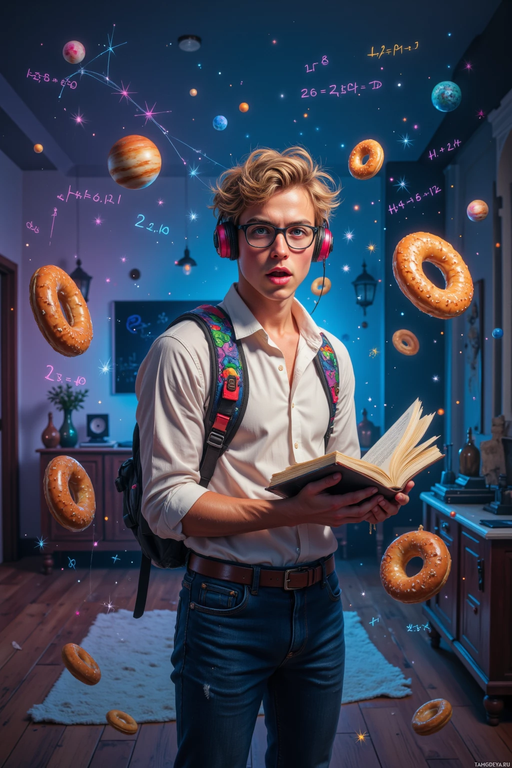 A person wearing headphones and holding an open book, surrounded by floating donuts and celestial elements.