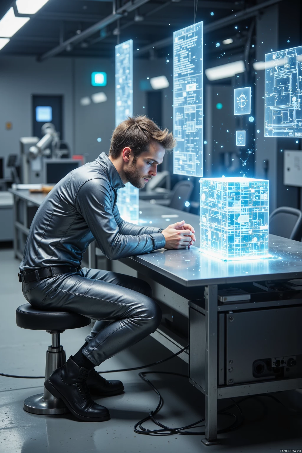 A person in a futuristic lab setting interacts with holographic blueprints and a glowing cube on a table.
