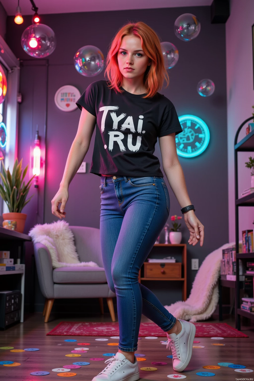 A person stands in a colorful room wearing a black T-shirt with "TYAI.RU" printed on it and blue jeans.