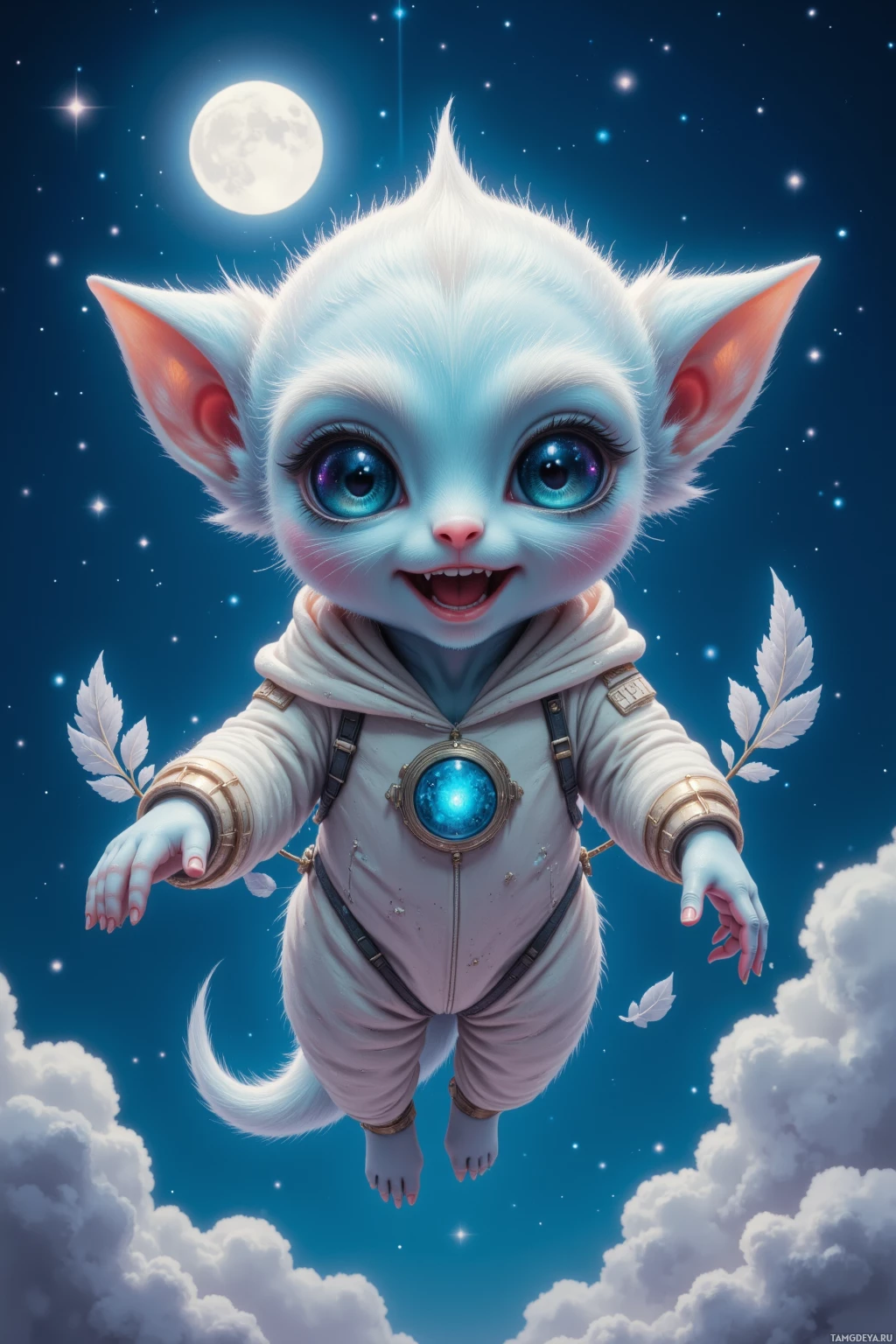A whimsical creature with large blue eyes and pointed ears floats in a starry night sky, wearing an astronaut suit adorned with a glowing emblem.