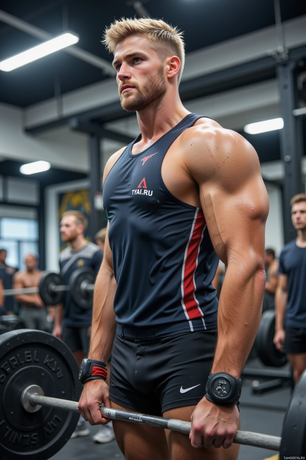 A muscular individual in a gym setting, wearing athletic attire and lifting weights.