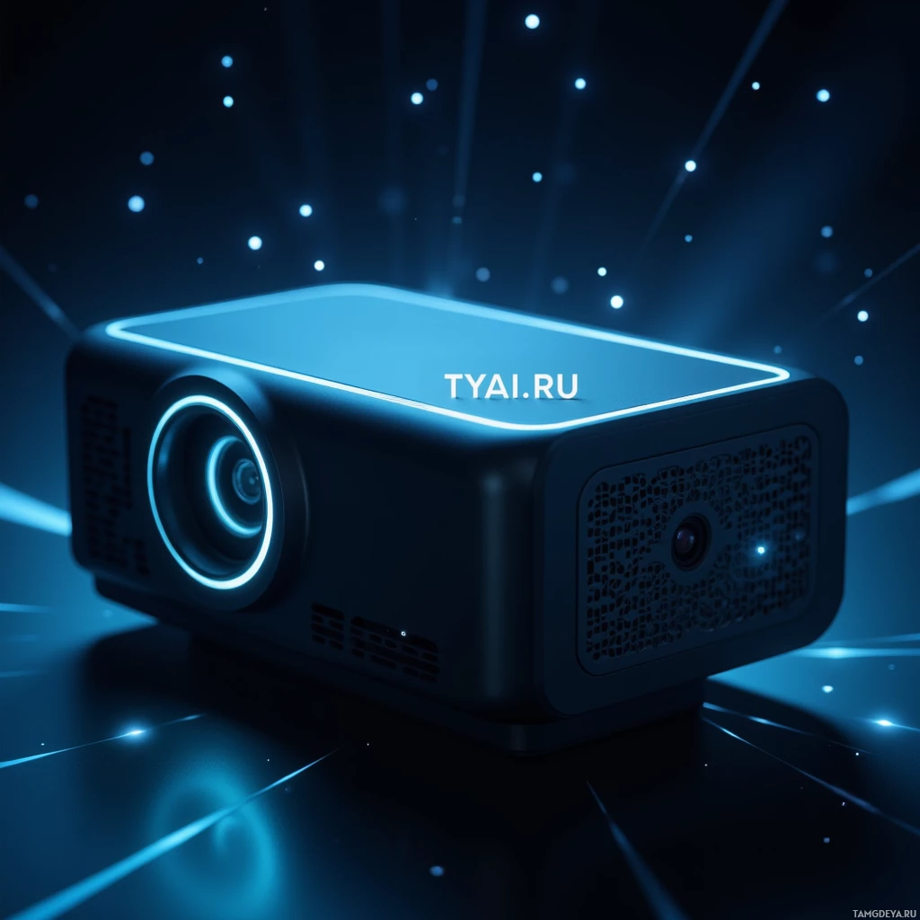 A modern projector with glowing blue accents and a dark background.