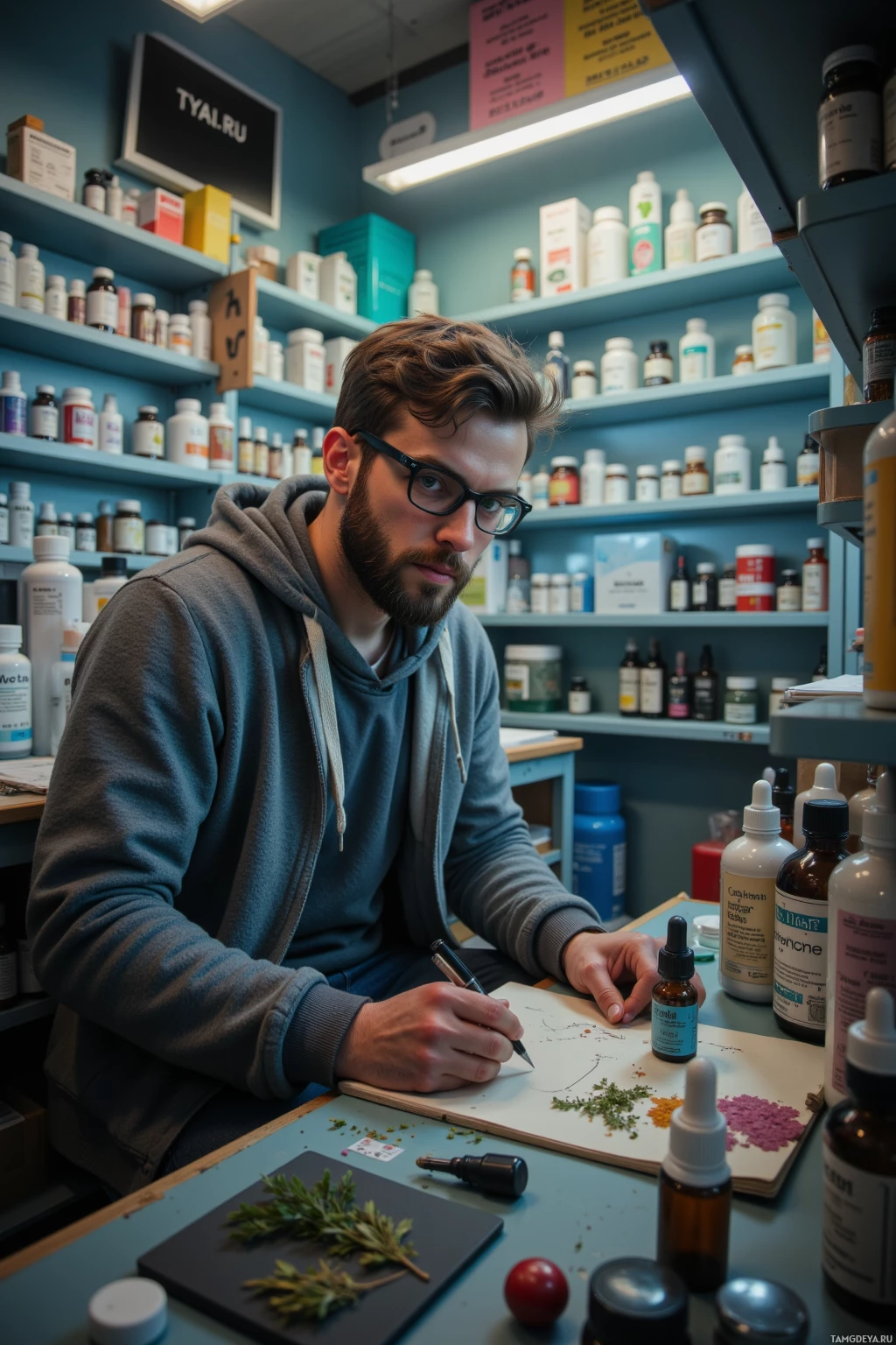 A person is sitting at a desk in a room filled with shelves of bottles, writing on a piece of paper with herbs and bottles around them.