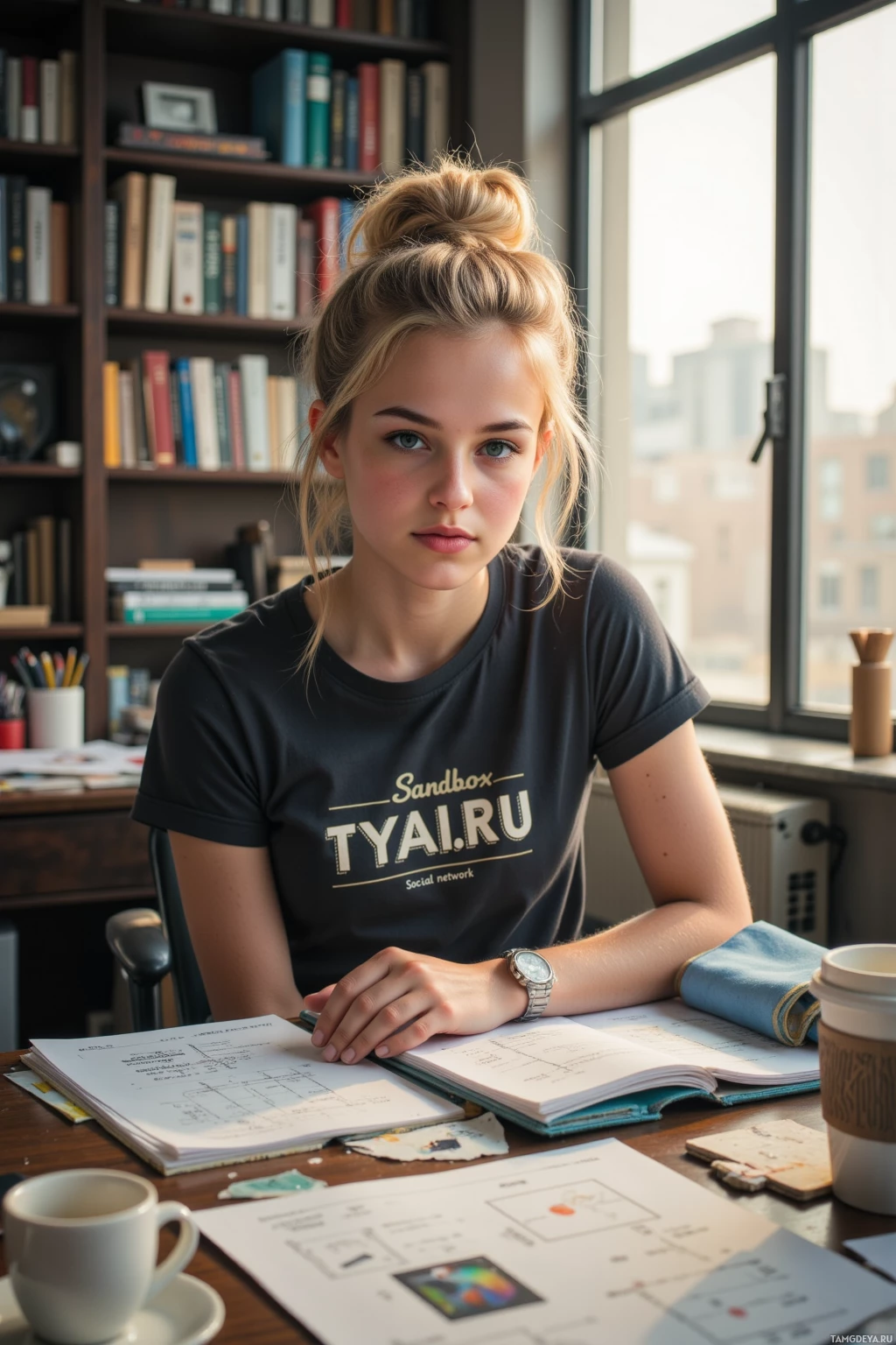 A person wearing a "Sandbox TYAI.RU Social Network" t-shirt sits at a desk with open notebooks and coffee cups nearby.