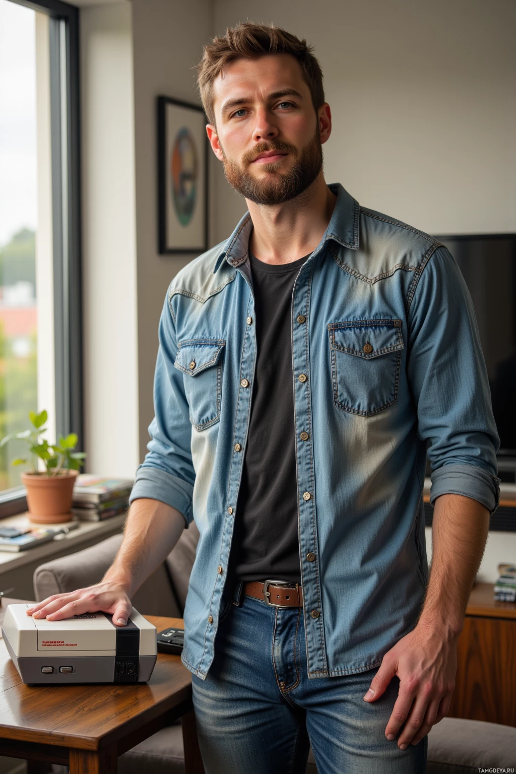 A man stands indoors, wearing a denim shirt and jeans, with a vintage gaming console on a table beside him.
