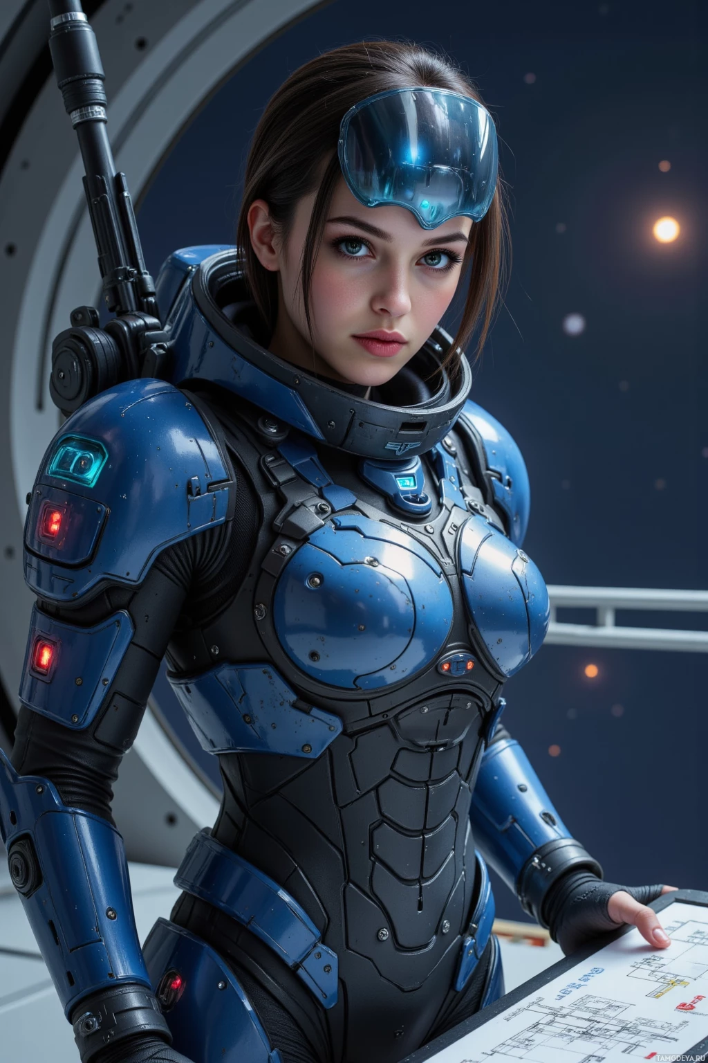 A person in a futuristic blue and black armored suit holding a tablet.