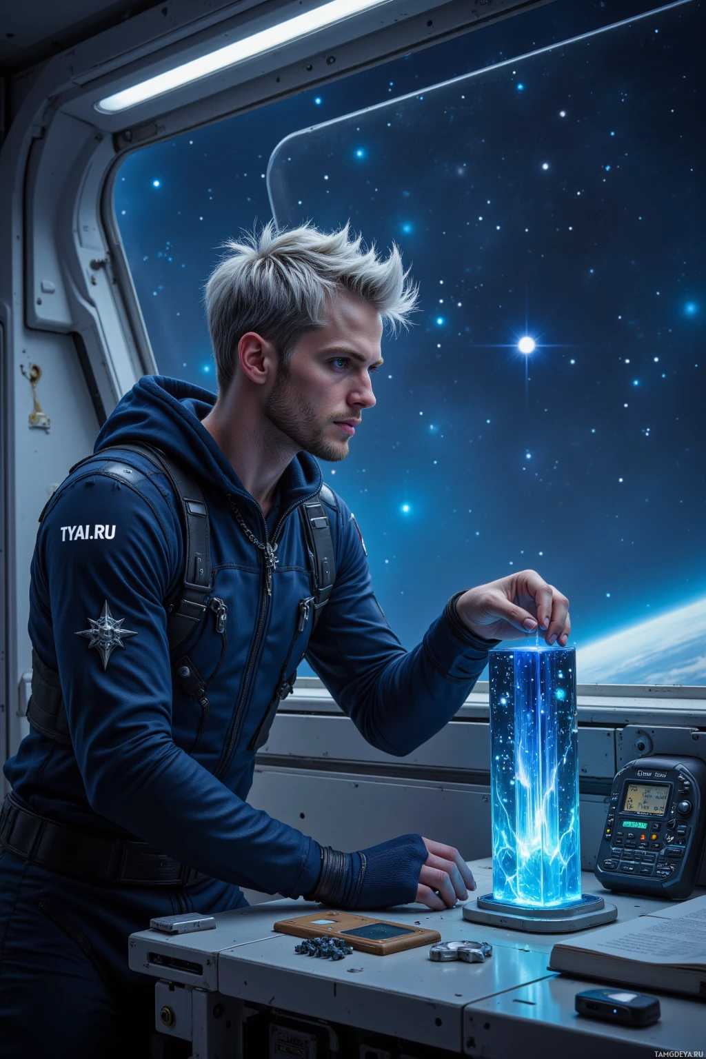A person in a space suit examines a glowing cylindrical device on a spacecraft console against a backdrop of stars and Earth's horizon.