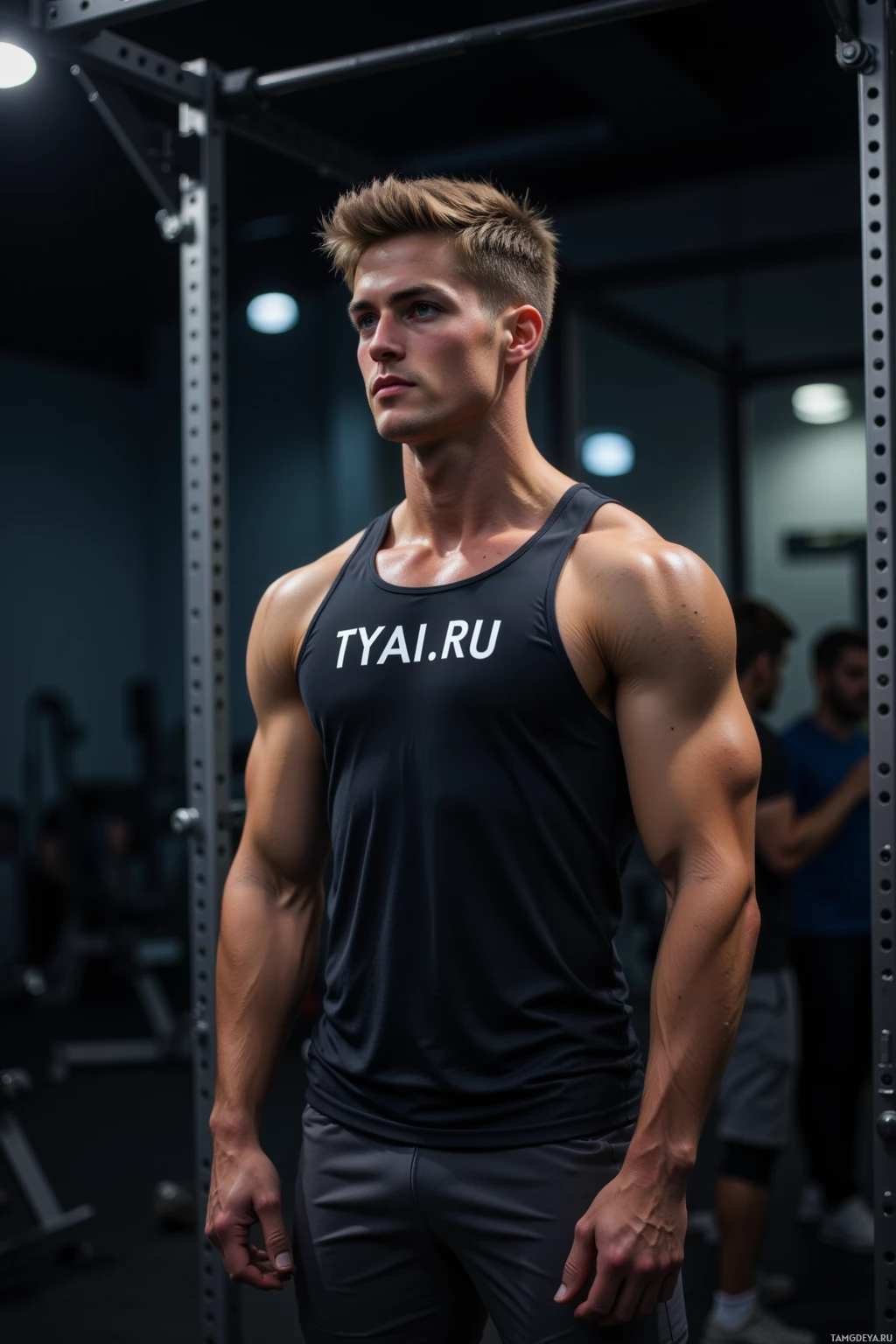 A muscular individual wearing a black tank top with "TYAI.RU" printed on it stands in a gym setting.
