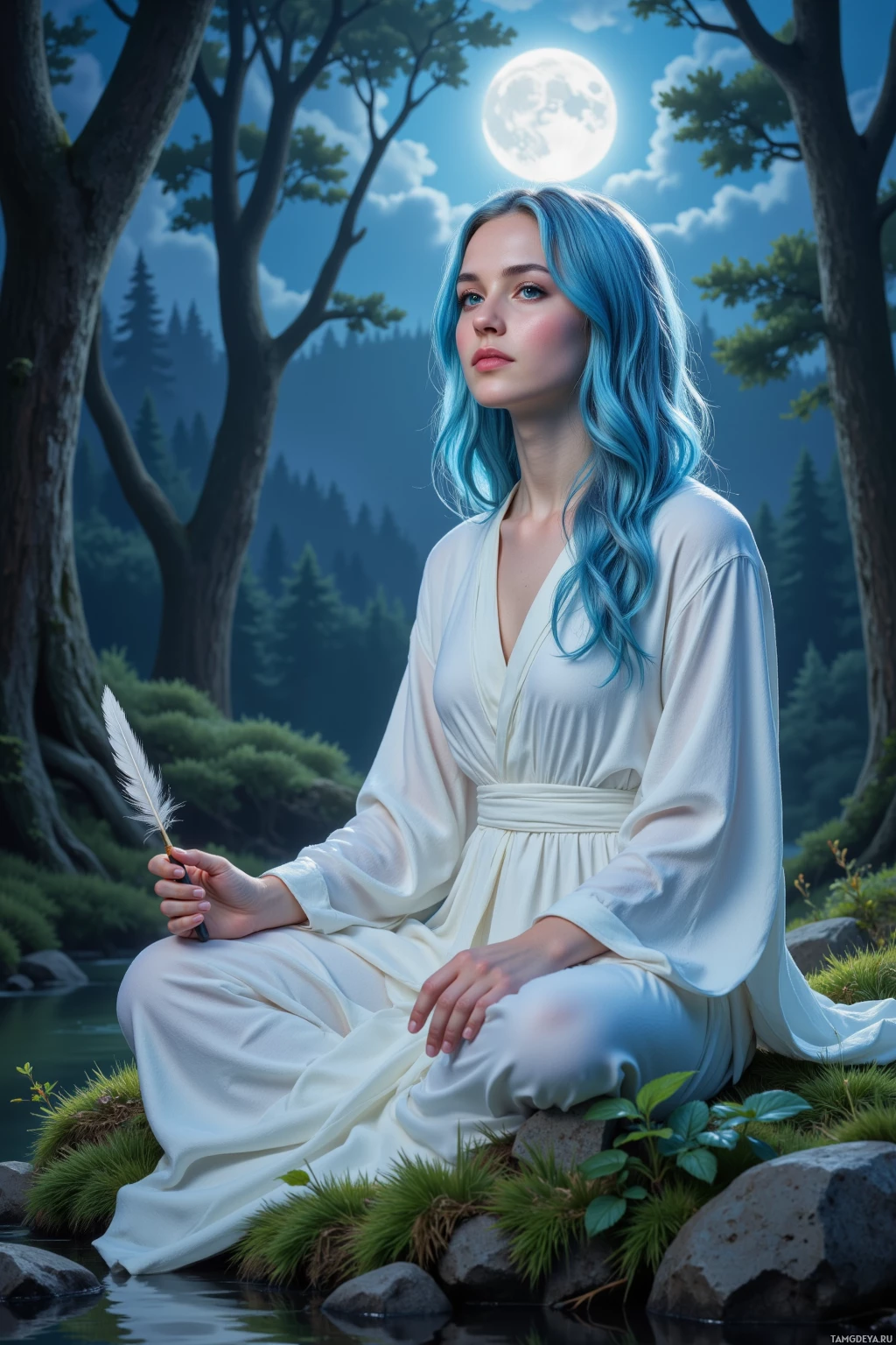 A person with blue hair sits in a serene forest setting, holding a feather pen, under a full moon.