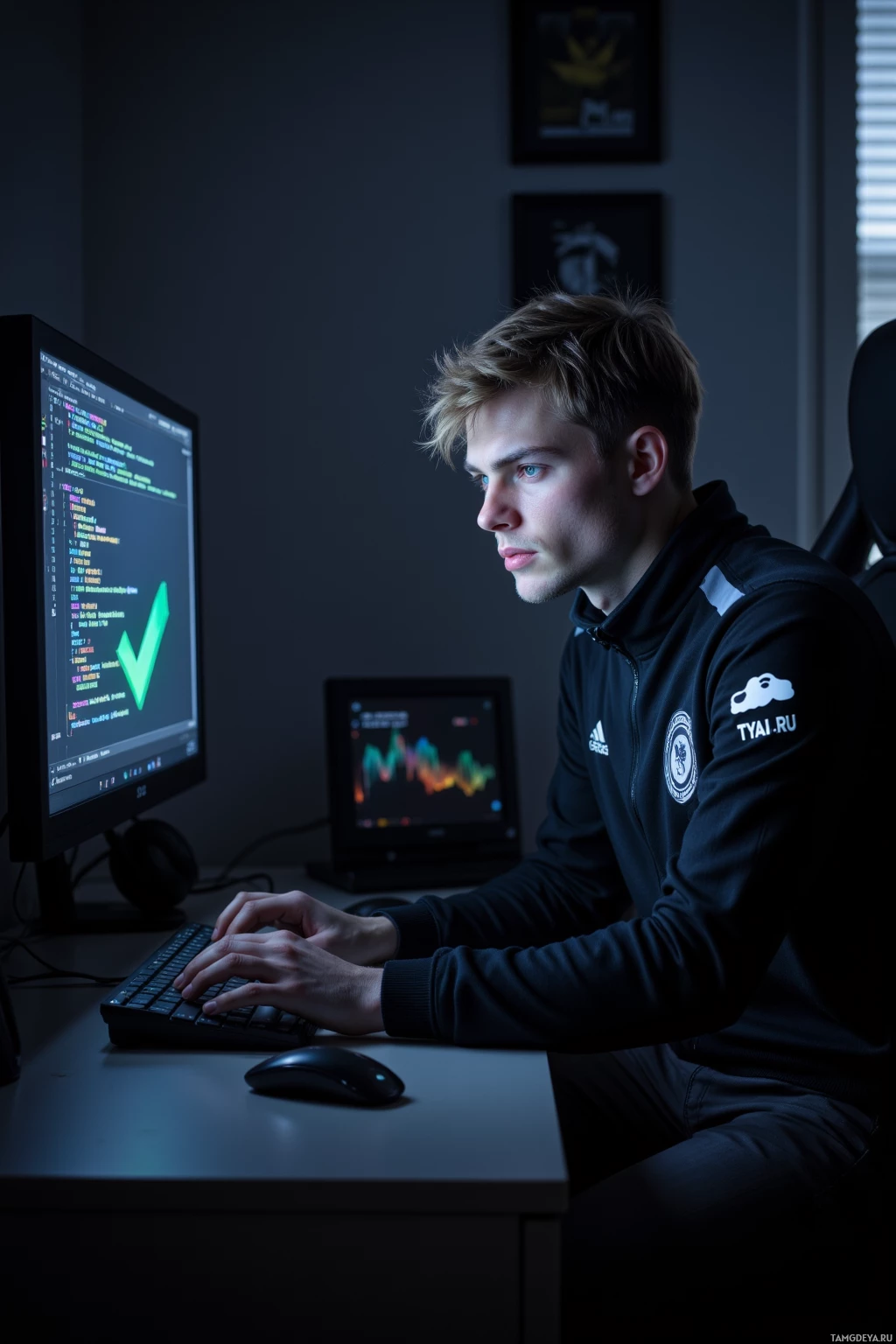 A person is sitting at a desk working on a computer with code visible on the screen.