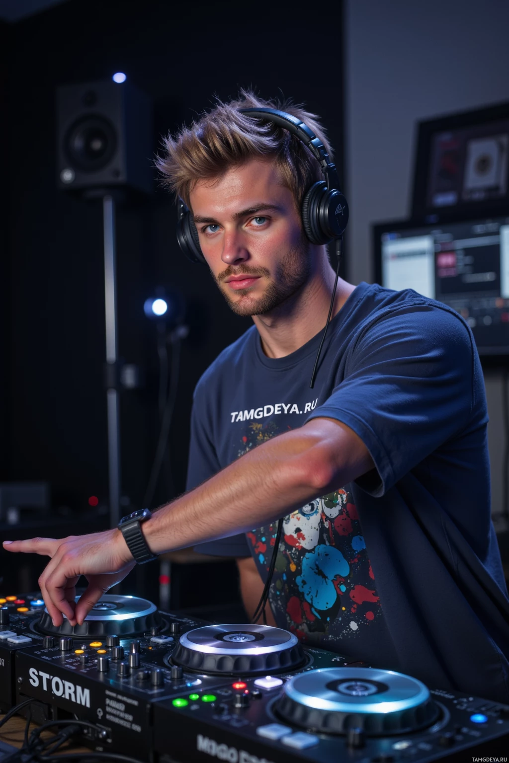 A person wearing headphones and a T-shirt is operating a DJ controller in a studio setting.