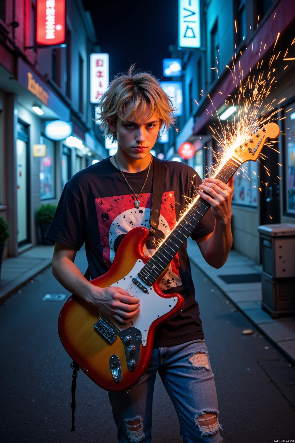A young person stands on a city street at night, holding a guitar with sparks flying from it.