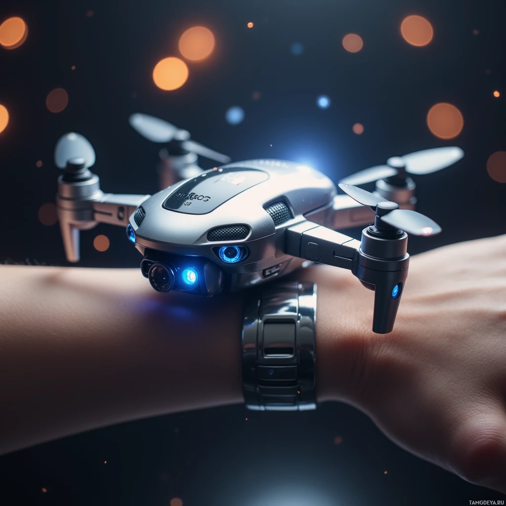 A futuristic drone is attached to a wristwatch with glowing blue lights and propellers.