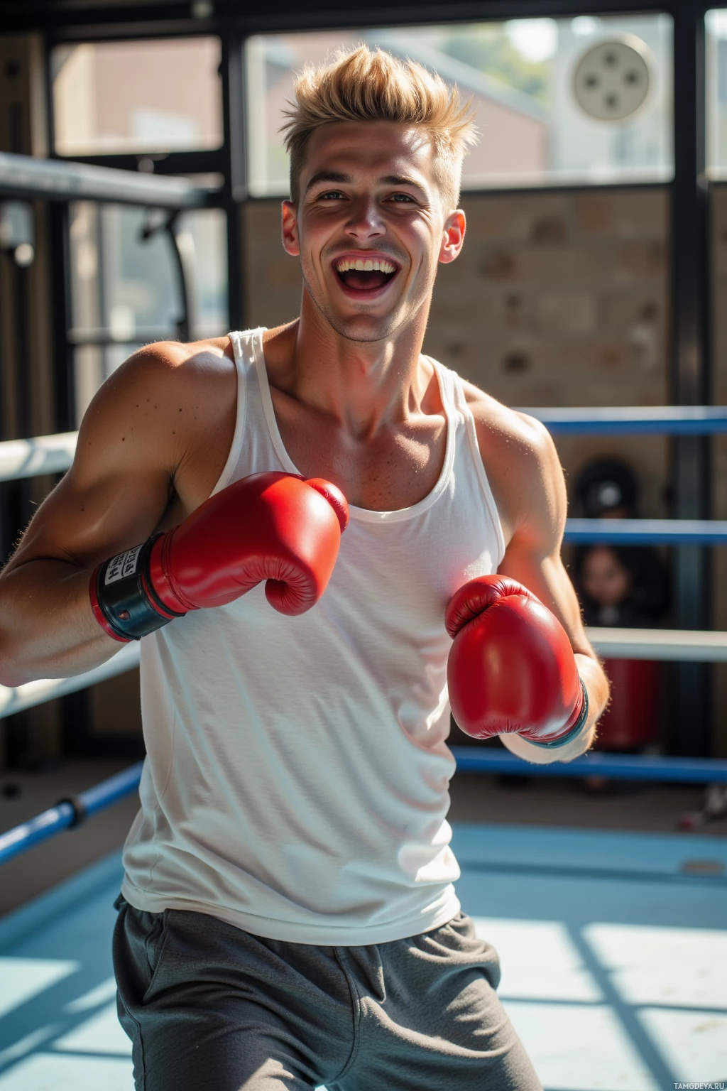 A person wearing red boxing gloves and a white tank top is smiling in a boxing ring.
