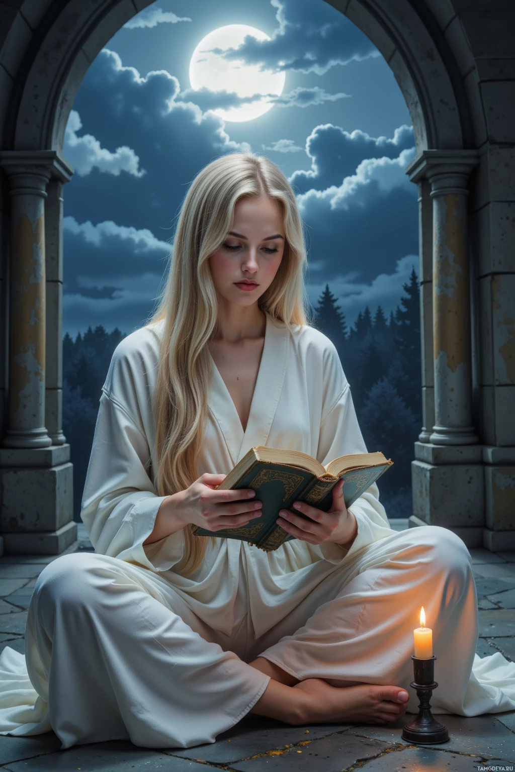 A person in white robes sits cross-legged, reading a book by candlelight under a night sky with a full moon.