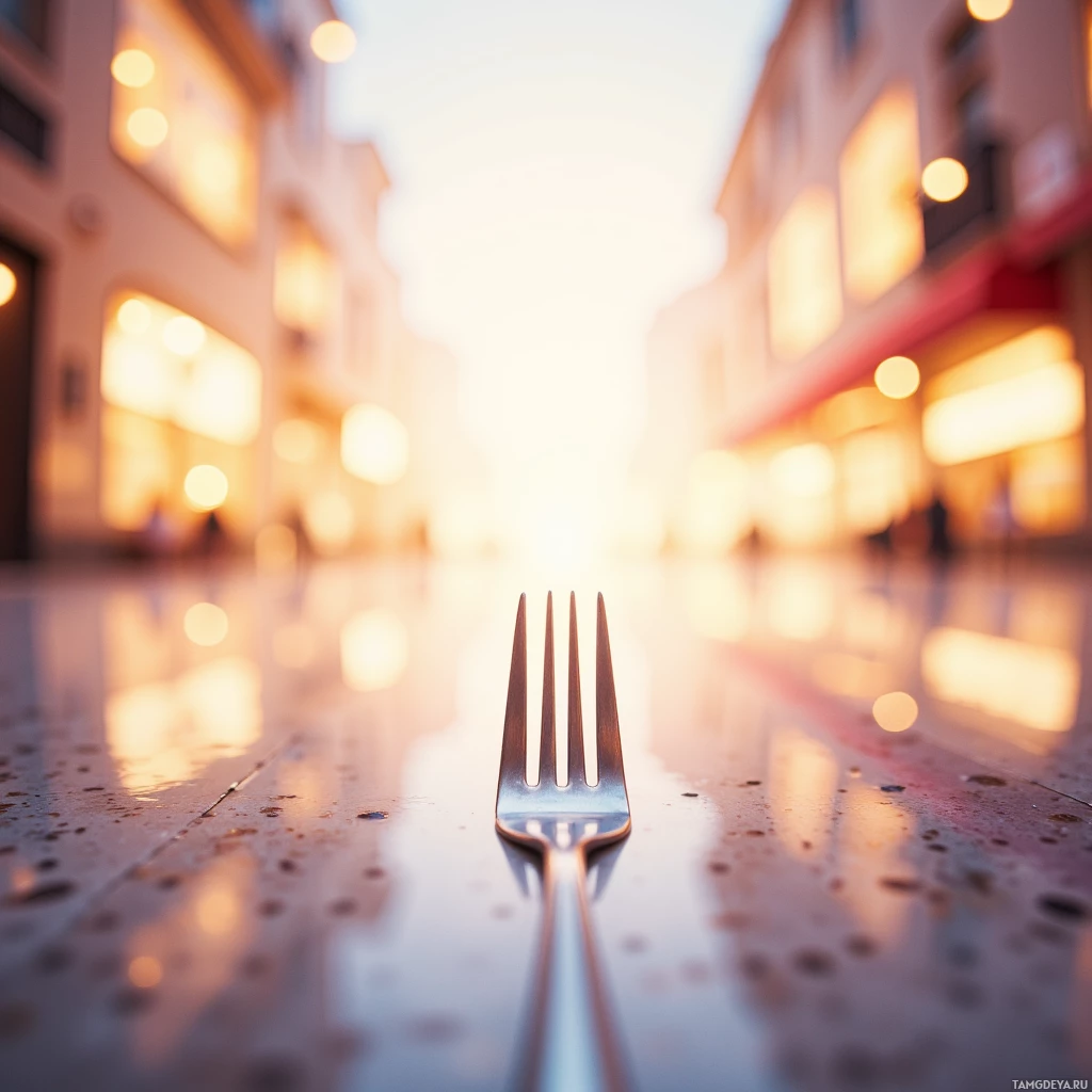 A fork is placed on a wet surface with a blurred background of illuminated buildings.